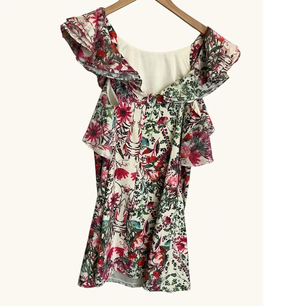 Belle Badgley Mischka‎ Floral Ruffle Neck Mini Dress Pink Green White Size 4